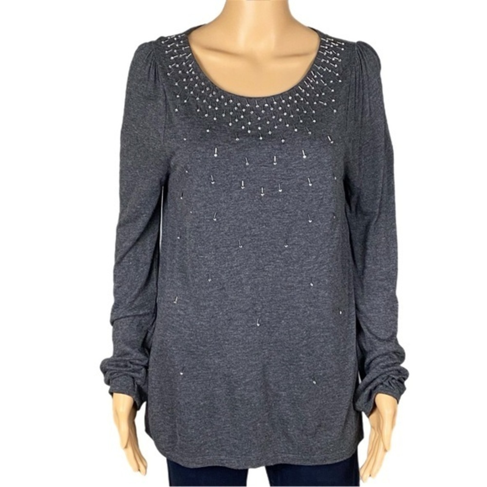 BODEN grey lightweight top with puff sleeves & crystal embellishments Size 8 EUC